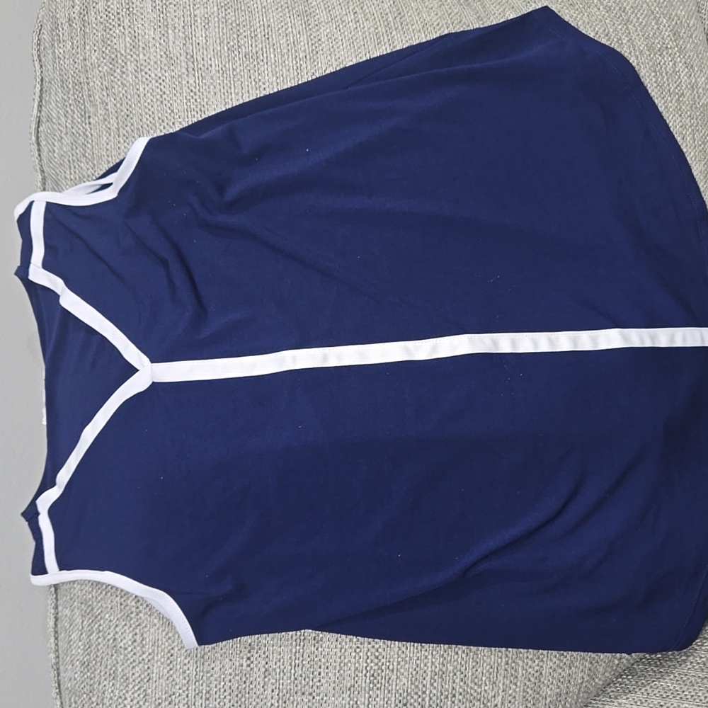 Navy Blue Sleeveless Blouse with White Trim